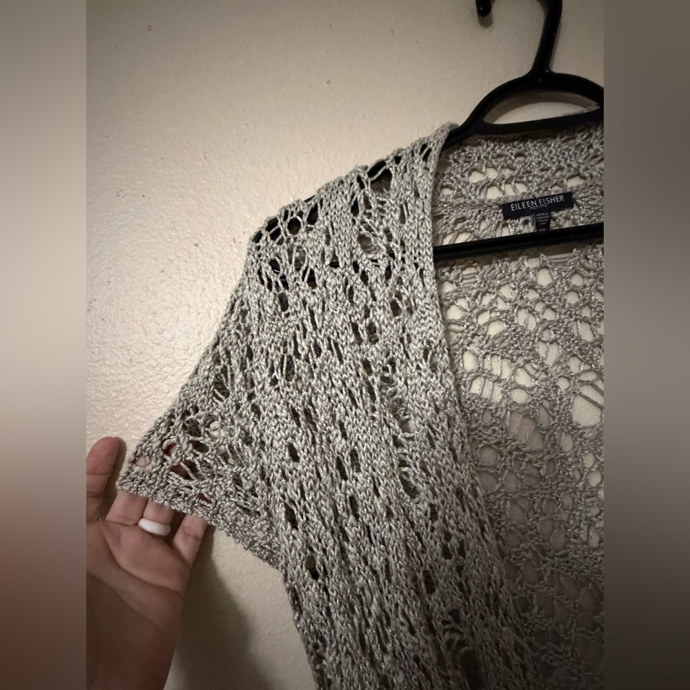 Open-Knit Short Sleeve Cardigan Sweater - Light Gray -Eileen Fisher - Picture 3 of 8